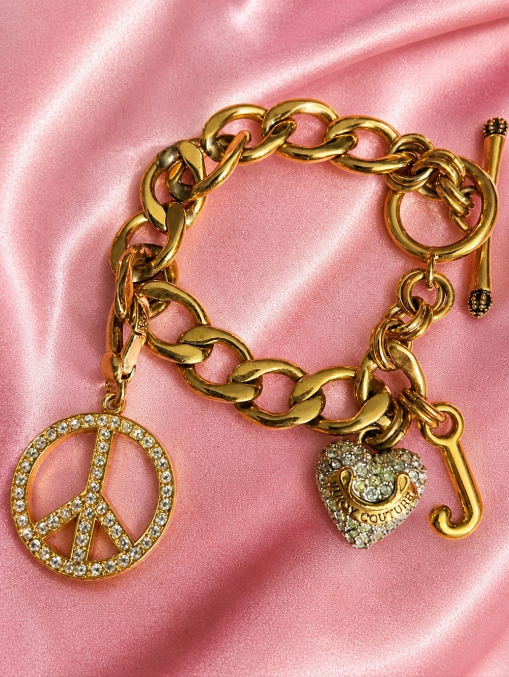 Vintage Juicy Couture Gold Charm Bracelet Heart, J, Peace Sign Rhinestone Toggle